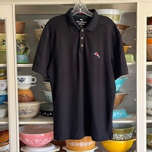 Tommy Bahama Black Floral Collar Supima Black Polo Shirt - Size Large